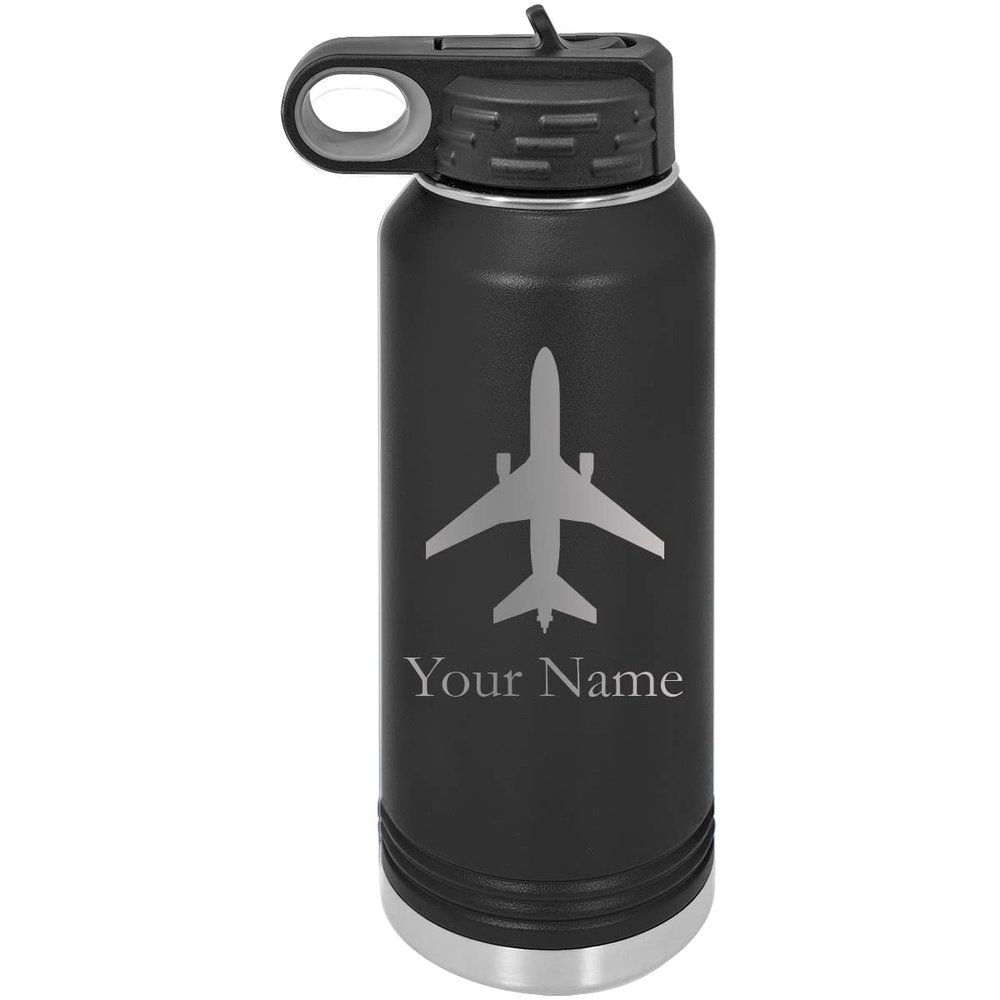 Airplane Pilot Plane Personalized Custom Engraved Double Wall Vacuum Hot/Cold Drinks Insulated Stainless 32-Ounce Steel Boys/Girls Sports Team Water Bottle with Flip Top Lid, Straw