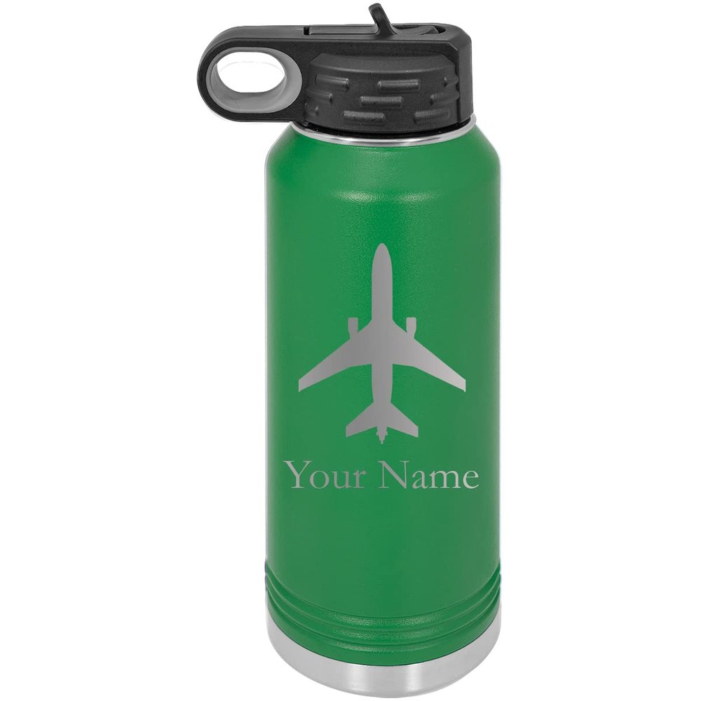 Airplane Pilot Plane Personalized Custom Engraved Double Wall Vacuum Hot/Cold Drinks Insulated Stainless 32-Ounce Steel Boys/Girls Sports Team Water Bottle with Flip Top Lid, Straw