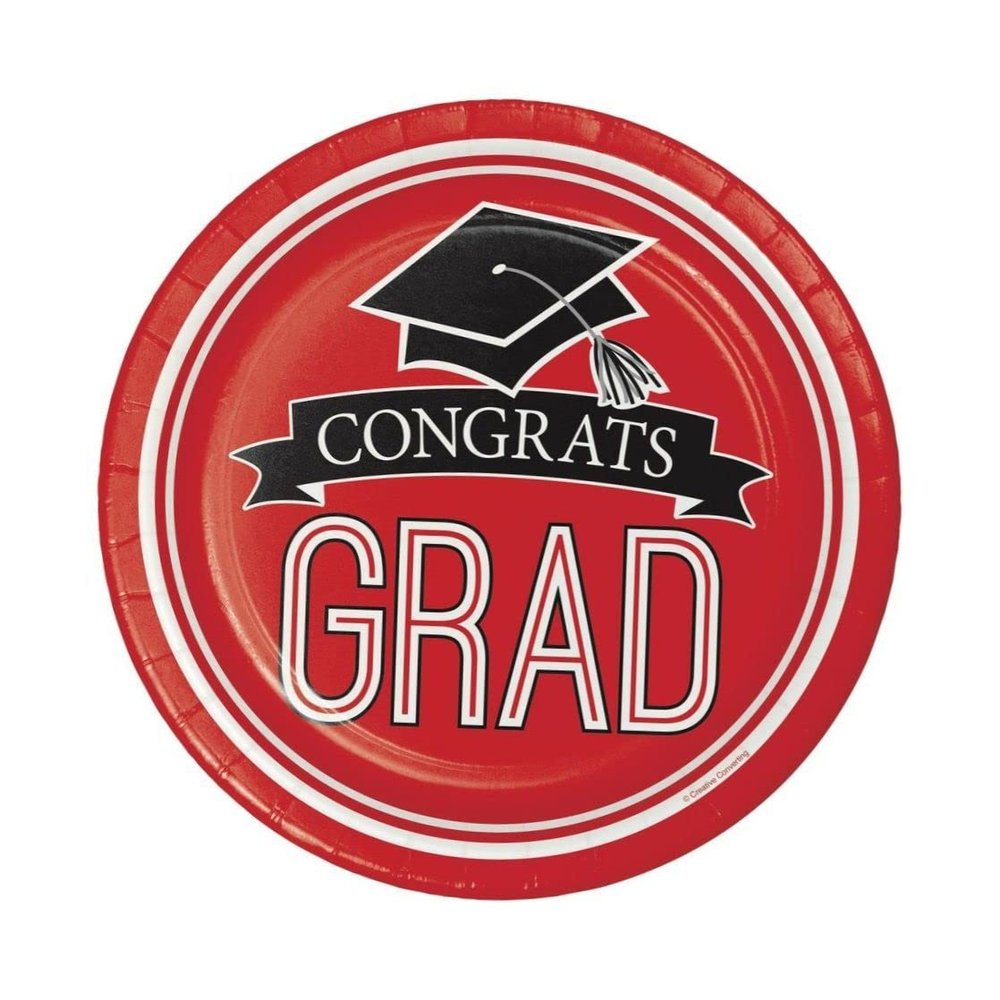 Classic Red Black 18 7" Dessert Plates Value Size Graduation School Spirit Small Round Paper Plates for All Occasions Disposable Paper Plates