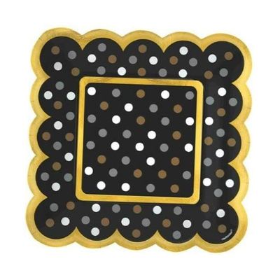 Black, Silver & Gold Polka Dots Small Scalloped Appetizer Plates 36 Pcs Supplies Small Round Paper Plates for All Occasions Disposable Paper Plates
