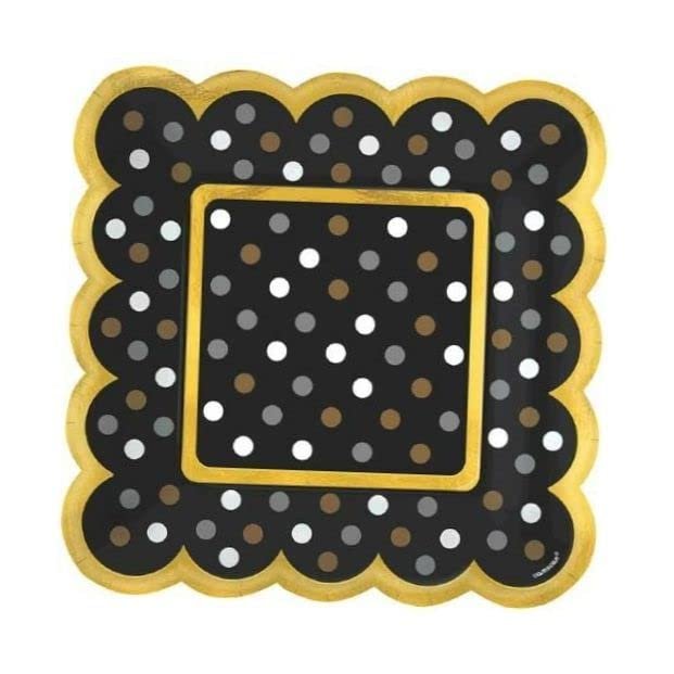 Black, Silver & Gold Polka Dots Small Scalloped Appetizer Plates 36 Pcs Supplies Small Round Paper Plates for All Occasions Disposable Paper Plates