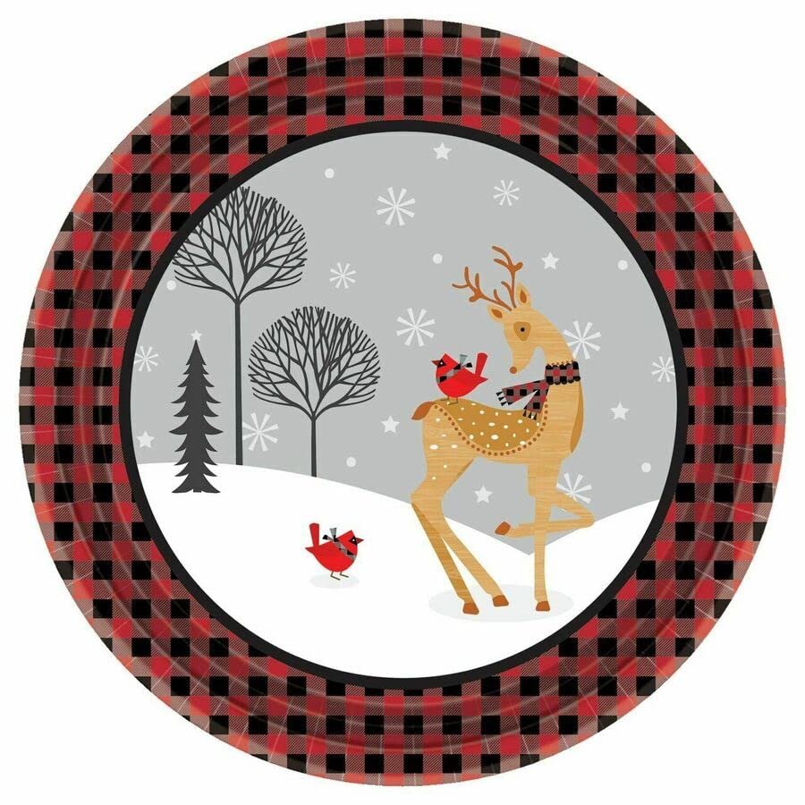 Winter Plaid Christmas 7" Dessert Cake Paper Plates 8 Ct Small Round Paper Plates for All Occasions Disposable Paper Plates