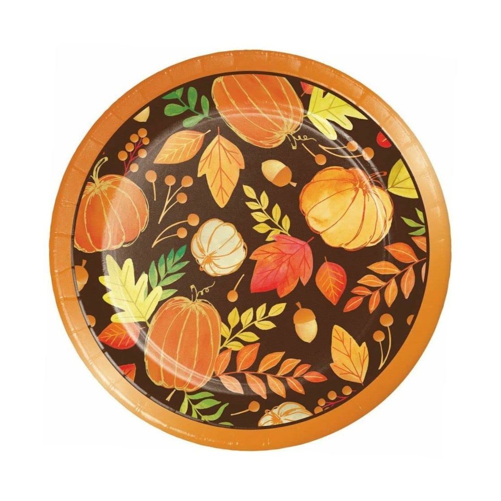 Give Thanks 8 Ct 7" Dessert Cake Plates Thanksgiving Leaves Foil Stamp Small Round Paper Plates for All Occasions Disposable Paper Plates