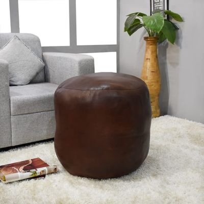 Rugsotic Carpets Round Shaped Goat Leather Handmade Eco-Friendly Brown Pouf - 18" x 18" x 18", Plain Solid, Recycled Cotton Filled Stuffed Leather Seating PF12