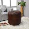 Rugsotic Carpets Round Shaped Goat Leather Handmade Eco-Friendly Brown Pouf - 18" x 18" x 18", Plain Solid, Recycled Cotton Filled Stuffed Leather Seating PF12 view 1