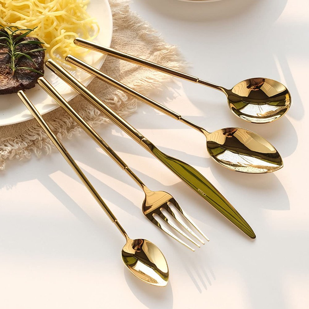 IKXO 25 Pieces Silverware Set Service for 5, Premium Stainless Steel Flatware Set Tableware Cutlery Utensil Set for Kitchen Party Restaurant Hotel Mirror Polished Round handle