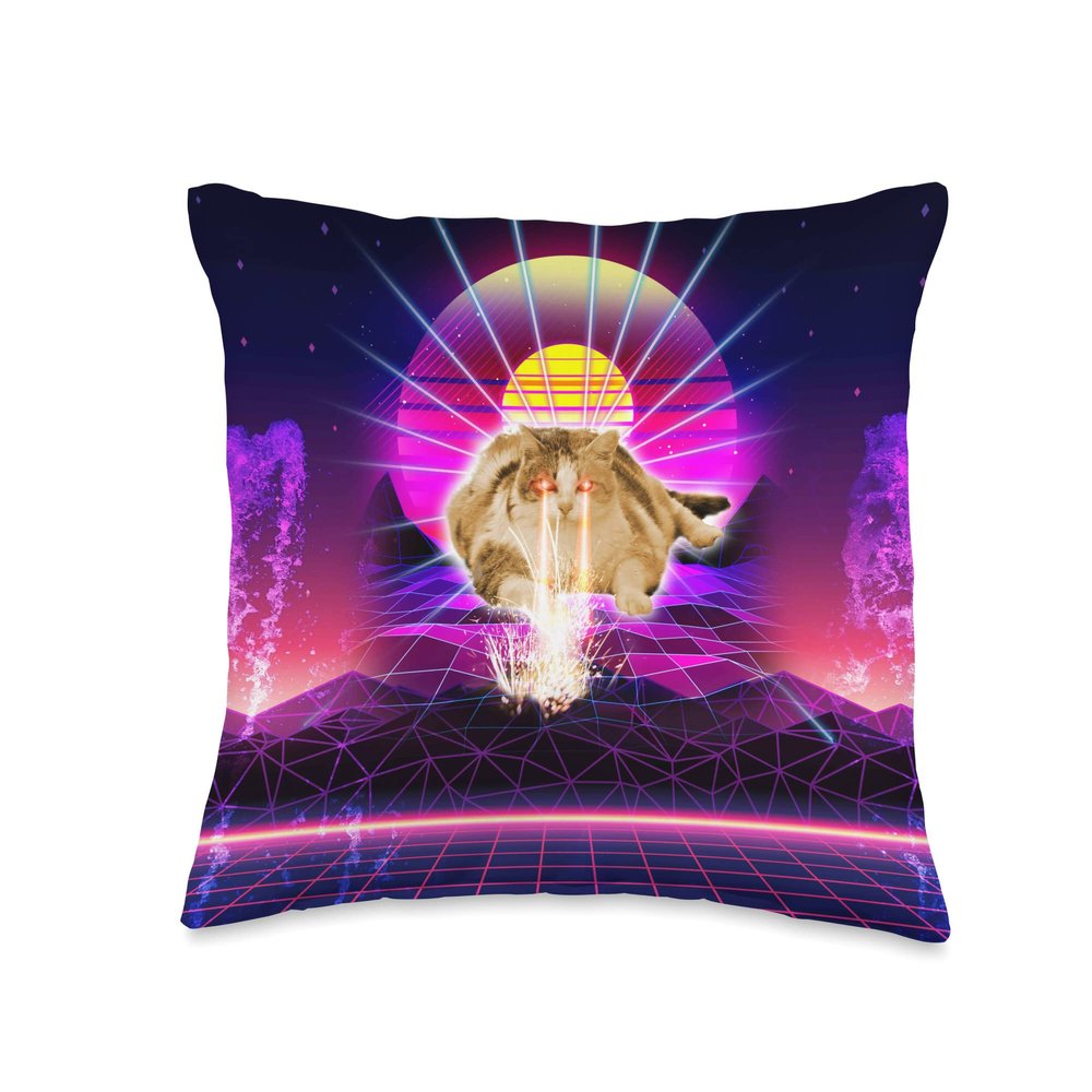 Cat Fat Chonk With Laser Eyes Vaporwave Funny Throw Pillow