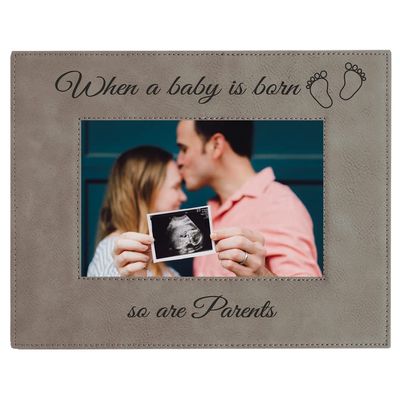 CustomGiftsNow When a Baby is Born so are Parents Laser Engarved Faux Leather Grey Leatherette Wall Hanging/Tabletop 8x10 Landscape Picture Group Family New Grandchild Baby Photo Frame