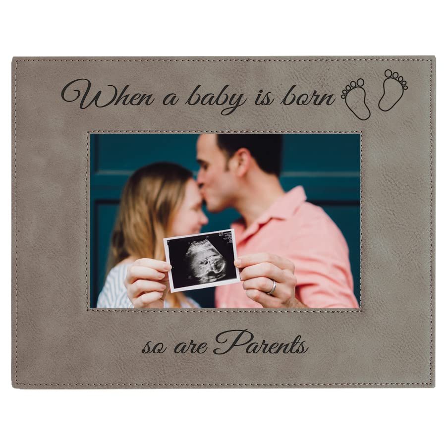 CustomGiftsNow When a Baby is Born so are Parents Laser Engarved Faux Leather Grey Leatherette Wall Hanging/Tabletop 8x10 Landscape Picture Group Family New Grandchild Baby Photo Frame