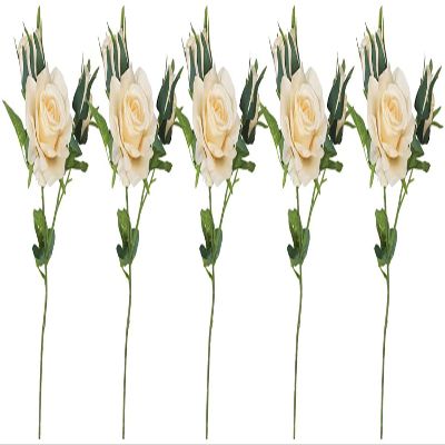 Lindagary 5pcs Artificial Rose Flowers Simulation Silk Rose Bouquet Realistic Flower Arrangements for Wedding Home Table Decorations - Champagne