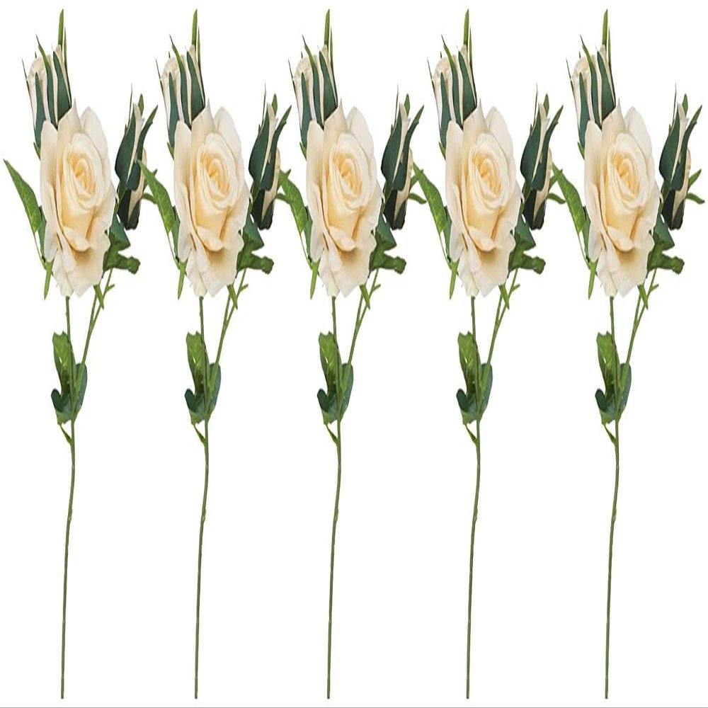 Lindagary 5pcs Artificial Rose Flowers Simulation Silk Rose Bouquet Realistic Flower Arrangements for Wedding Home Table Decorations - Champagne