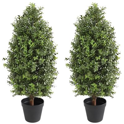 30" Tall Artificial Boxwood Topiary, 2 Pcs Outdoor Ready Artificial Boxwood Topiaries Trees, Natural Looking Fake Potted Shrubs