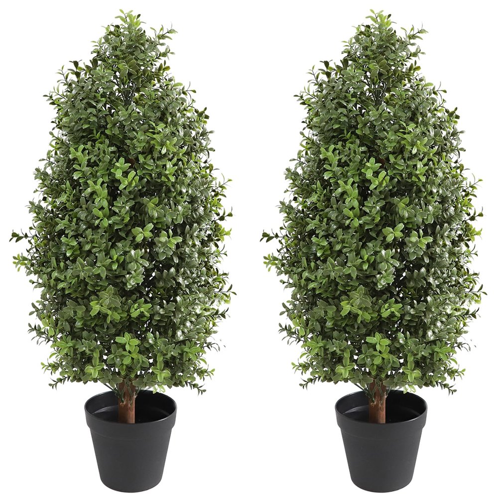 30" Tall Artificial Boxwood Topiary, 2 Pcs Outdoor Ready Artificial Boxwood Topiaries Trees, Natural Looking Fake Potted Shrubs
