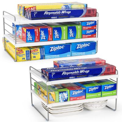 2 Pack Expandable Kitchen Wrap Organizer Rack, Height & Width Adjustable Aluminum Foil and Plastic Wrap Organizer for Pantry, Cabinet Food Wrap Organization and Storage - (3 Tier 9.8 to 15.6"L)