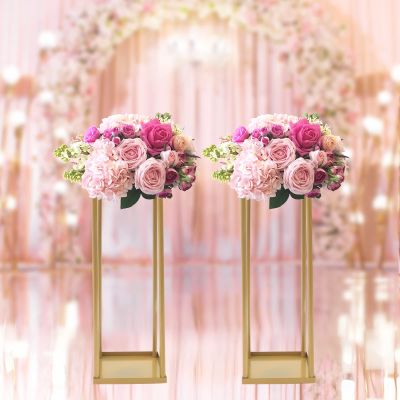 2PCs Metal Flower Floor Vase Stand for Wedding Decorations, Geometric Flower Column Stand, Flower Display Rack, Rectangular Frame Box for Wedding Party Decoration(23.6x7.9x7.9 inch)