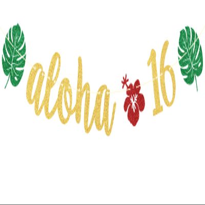 Aloha 16 Banner for Tropical 16th Birthday Anniversary Party Decorations, Hawaiian Luau Tropical Theme 16th Birthday Party Photo Prop Gold Glitter