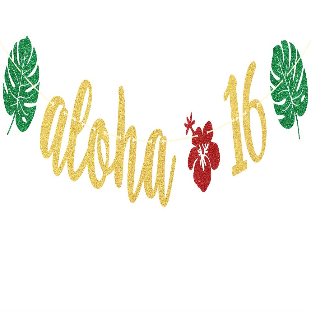 Aloha 16 Banner for Tropical 16th Birthday Anniversary Party Decorations, Hawaiian Luau Tropical Theme 16th Birthday Party Photo Prop Gold Glitter