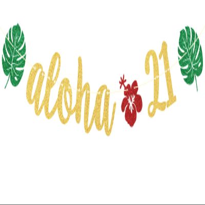 Aloha 21 Banner, Hawaiian 21st Birthday Decorations, Tropical Luau 21st Birthday Party Decorations, Palm Leaf Decorations Gold Green Glitter
