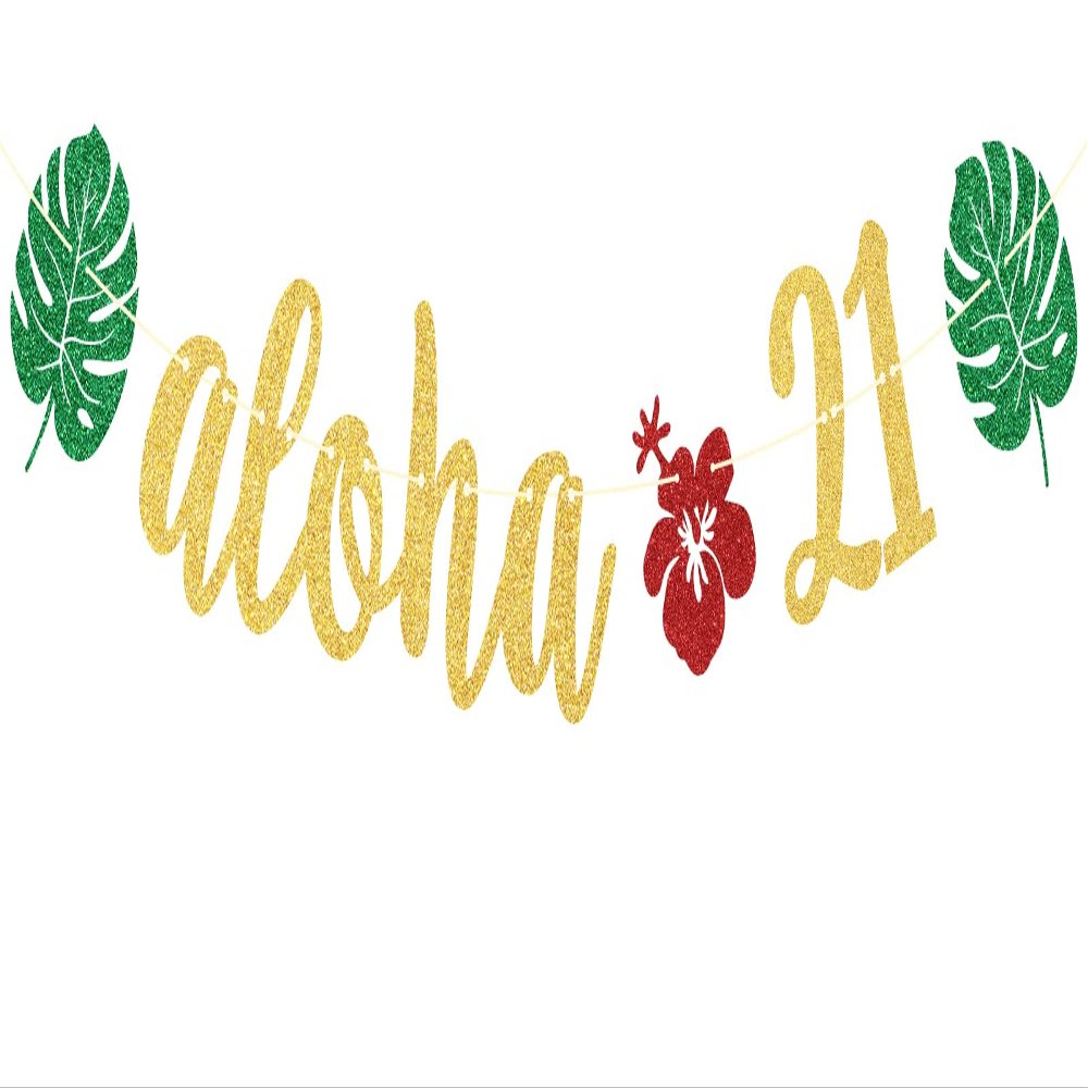 Aloha 21 Banner, Hawaiian 21st Birthday Decorations, Tropical Luau 21st Birthday Party Decorations, Palm Leaf Decorations Gold Green Glitter