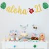 Aloha 21 Banner, Hawaiian 21st Birthday Decorations, Tropical Luau 21st Birthday Party Decorations, Palm Leaf Decorations Gold Green Glitter view 4
