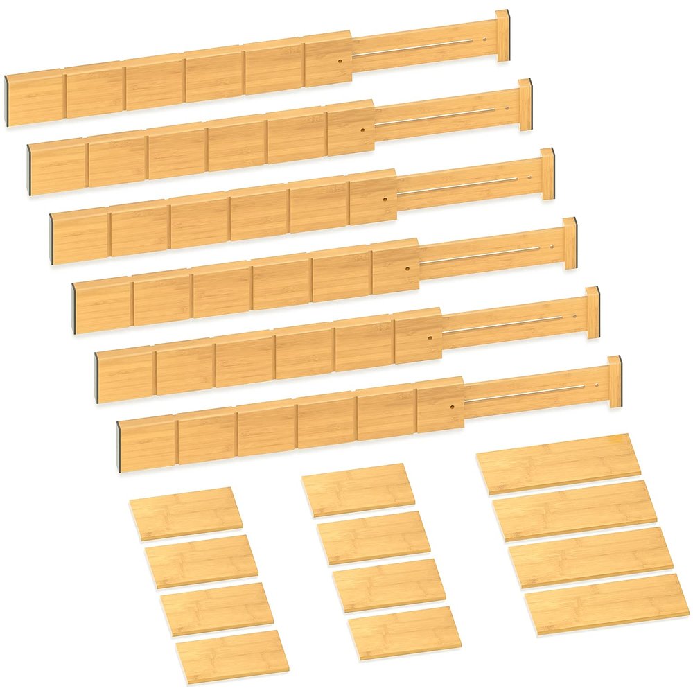 Toydoooco Bamboo Drawer Dividers with 12 Inserts, 16.3-22inches, Expandable Organizer, Adjustable Separators for Bedroom, Bathroom, Dresser 6 Pack
