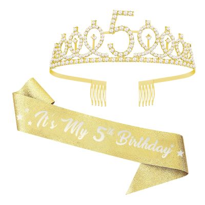 UVATAHONA 5th Birthday Sash and Tiara, 5 & Fabulous Glitter Sash and Birthday Crown Set, Happy 5th Birthday Gifts for Party Supplies and Decorations, Gold
