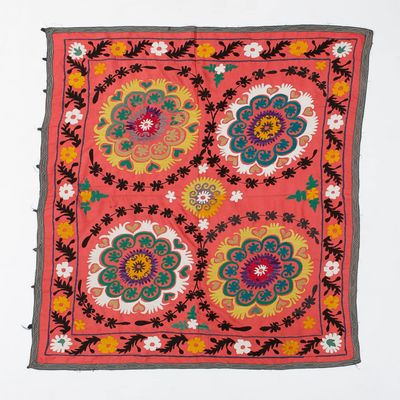 4.5x5.7 Ft Traditional Silk and Cotton Suzani Textile, Central Anatolian Embroidery Wall Hanging or Bedspread. S61