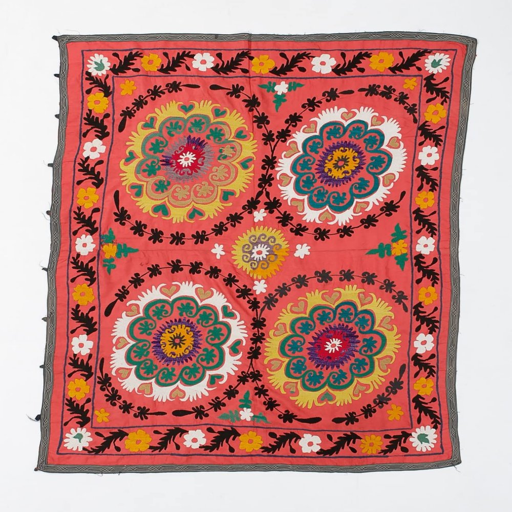 4.5x5.7 Ft Traditional Silk and Cotton Suzani Textile, Central Anatolian Embroidery Wall Hanging or Bedspread. S61