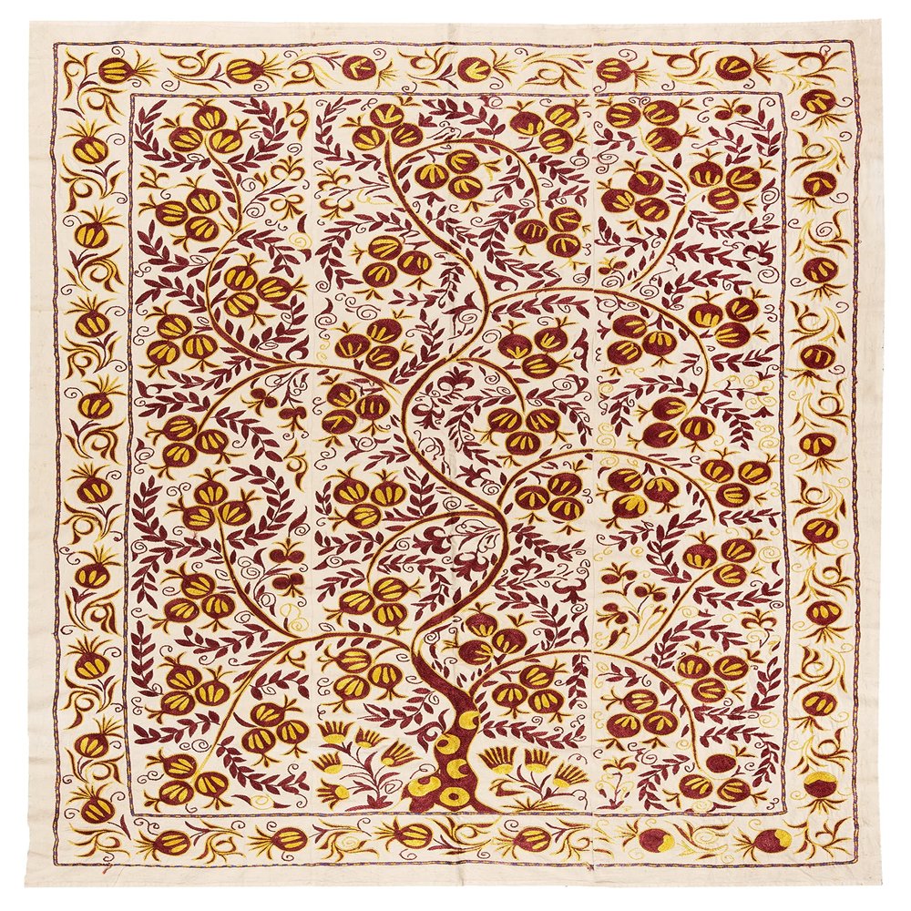 5x6.6 Ft Decorative Silk and Cotton Suzani Textile, New Turkish Hand Embroidery Wall Hanging or Bed Cover. RS61