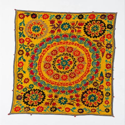 4.5x6 Ft Silk and Cotton Suzani Textile, Vintage Turkish Embroidery Wall Hanging or Bed Cover. S50