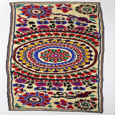 4.5x12 Ft Decorative Silk and Cotton Suzani Textile, Vintage Turkish Embroidery Wall Hanging or Bedspread. S53