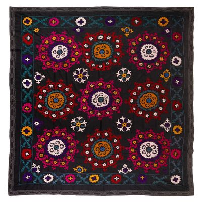 6.4x7.8 Ft Vintage Hand Embroidered Suzani Bed Cover, Decorative Silk and Cotton Wall Hanging From Turkishistan. RS50