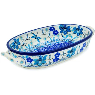 Polmedia Polish Pottery Oval Baker with Handles UNIKAT - Dragonfly Blues Pattern Handmade in Boleslawiec Poland by Ceramika Artystyczna + Certificate of Authenticity