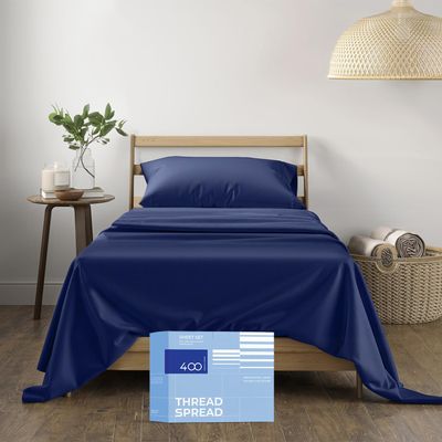THREAD SPREAD Twin XL Sheet Sets Cotton - 400 Thread Count 100% Cotton XL Twin Sheets, 3 PC (Navy Blue), Luxury Soft, Breathable, Cooling, Extra Large 16" Deep Pocket Sateen Bedsheet for Dorm Rooms