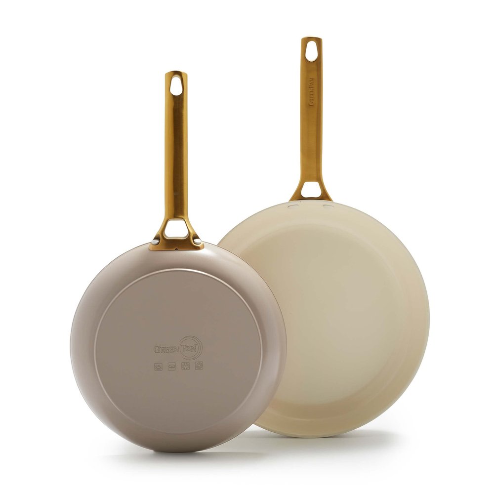 GreenPan Hard Anodized Healthy Ceramic Nonstick 10" and 12" Frying Pan Skillet Set, Gold Handle, PFAS-Free, Dishwasher Safe, Oven Safe, Taupe