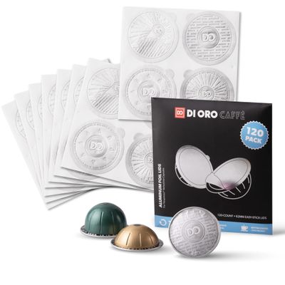 All-New di Oro Caff Reusable Coffee Pod Lids Compatible for Nespresso VertuoLine Machines to Reuse Vertuo Coffee Capsules - 62mm Cover Seals for Refillable Pods - Aluminum Foil Lids (120 Pack)