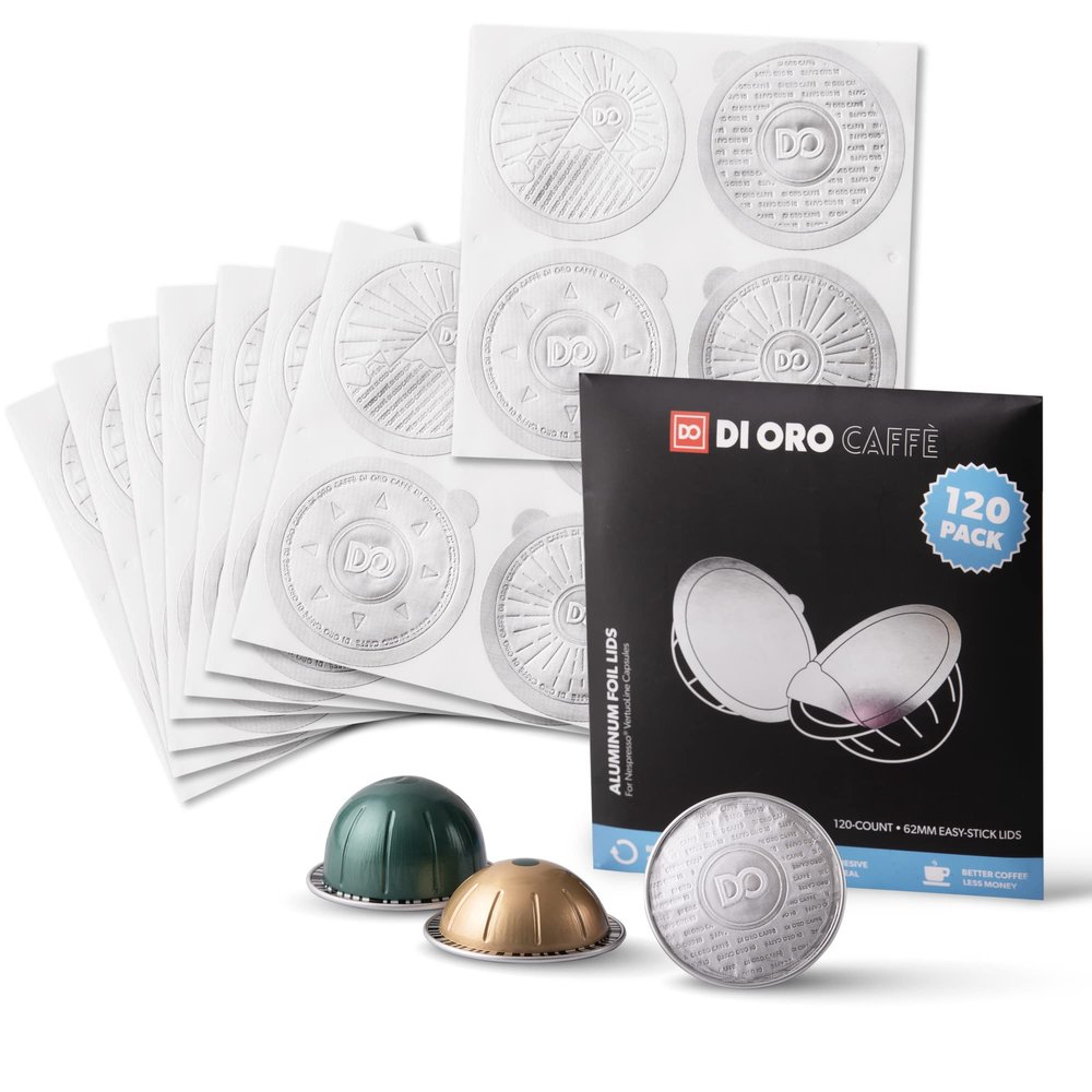 All-New di Oro Caff Reusable Coffee Pod Lids Compatible for Nespresso VertuoLine Machines to Reuse Vertuo Coffee Capsules - 62mm Cover Seals for Refillable Pods - Aluminum Foil Lids (120 Pack)