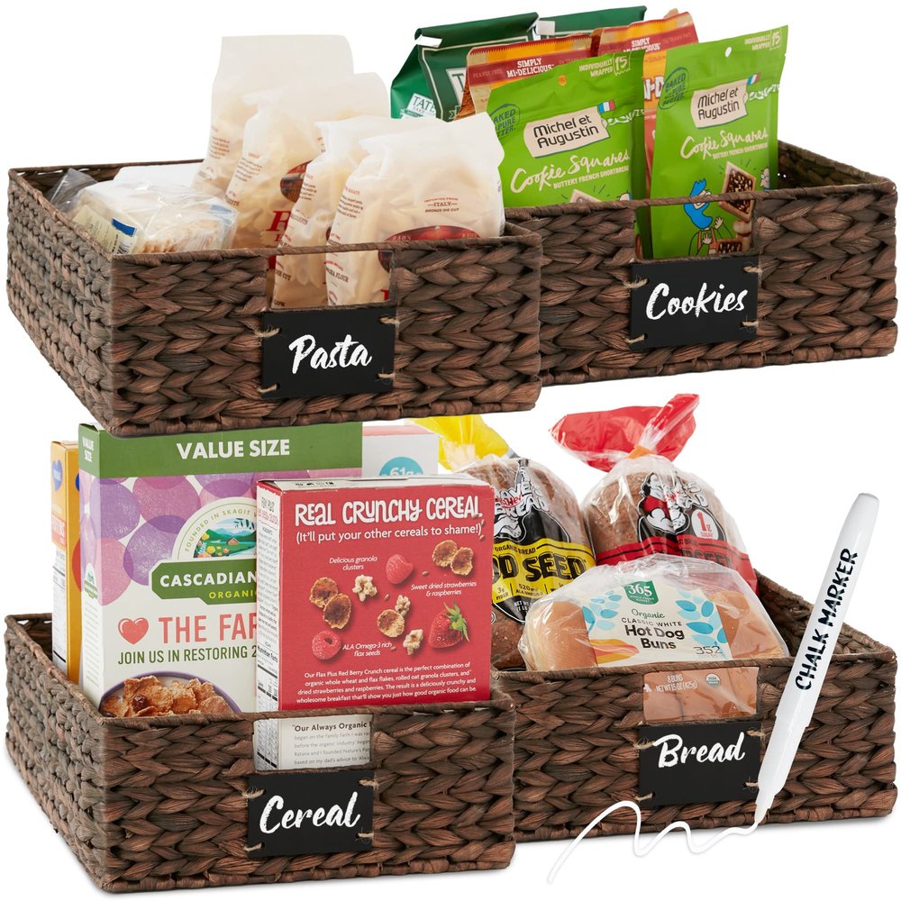 Best Choice Products Set of 4 16x12in Large Water Hyacinth Pantry Baskets, Woven Organizers w/Chalkboard Label, Chalk Marker - Brown