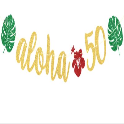 Aloha 50 Banner, Hawaiian 50th Birthday Decorations, Aloha Party Decorations, Tropical Luau Birthday Party Decorations, Palm Leaf Decorations Gold Green Glitter