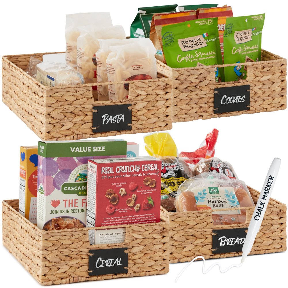 Best Choice Products Set of 4 16x12in Large Water Hyacinth Pantry Baskets, Woven Organizers w/Chalkboard Label, Chalk Marker - Natural
