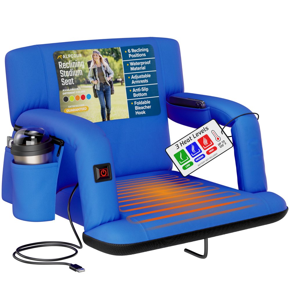 Alpcour Heated Reclining Stadium Seat for Bleachers Wide Bleacher Chair with Back Support and Cushion, Armrests, Side Pockets, & Hook Stadium Seats Chairs for Camping, Kayak, Paddle Board & More