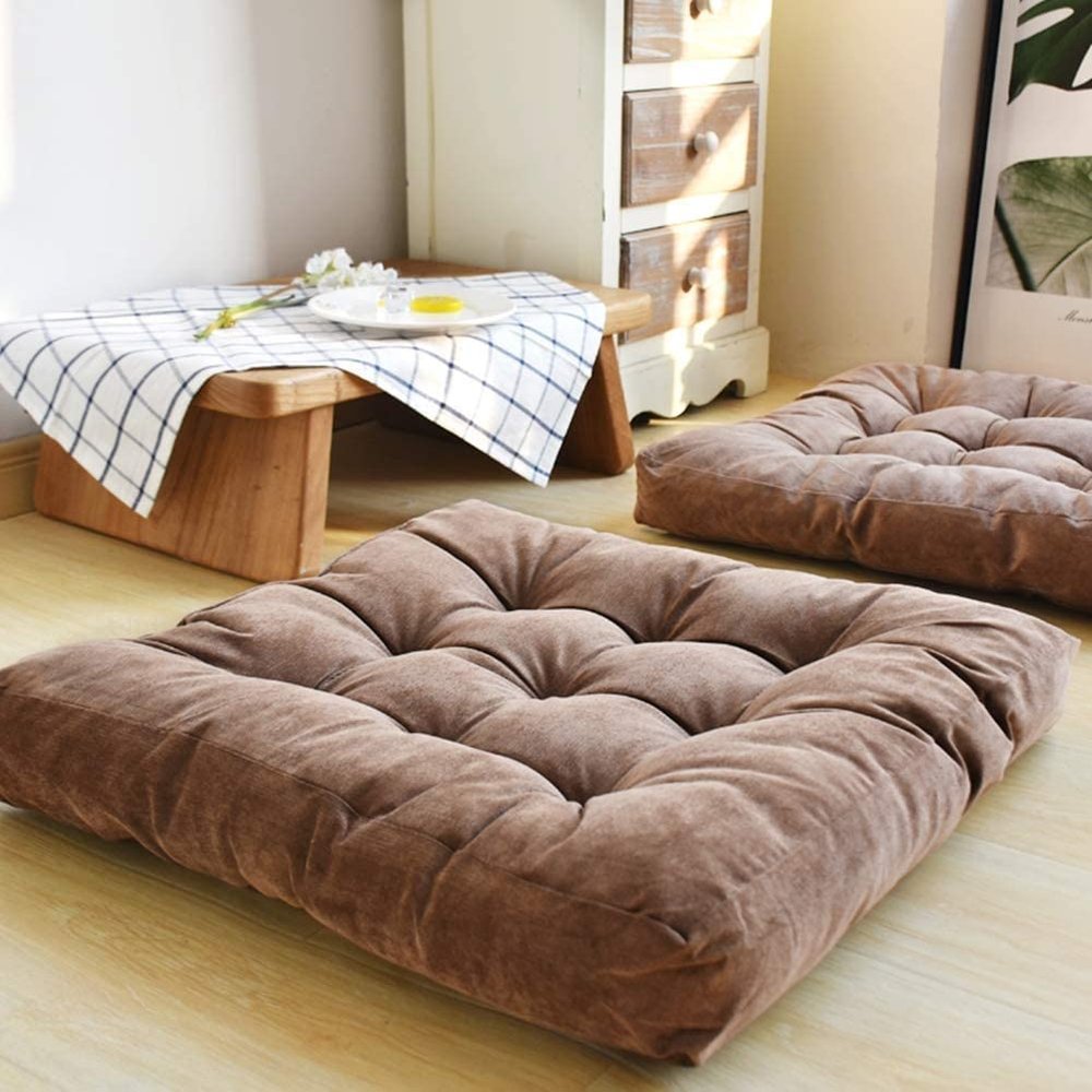 Corduroy Tatami Cushion, Large Square Solid Floor Pillow Cushion Thick Tufted Seat Cushion for Yoga Meditation Living Room Balcony Office Outdoor Kitchen,Dark Coffee,2pcs