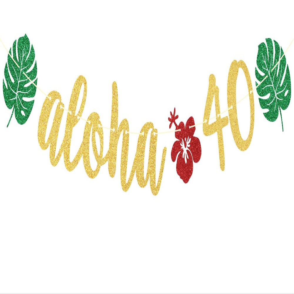 Aloha 40 Banner, Aloha Party Decorations, Hawaiian 40th Birthday Banner for Tropical Luau Birthday Party Decorations, Palm Leaf Decorations Gold Green Glitter