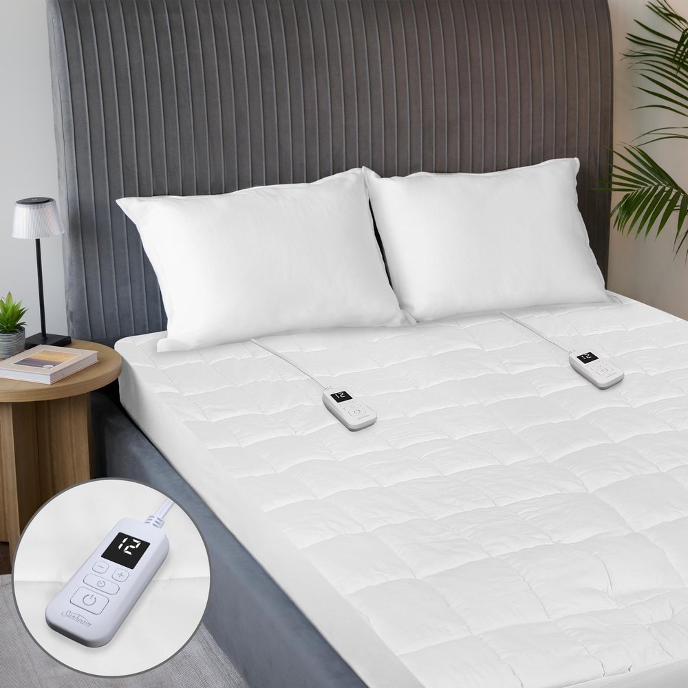 Sunbeam Premium Quilted Electric Heated Mattress Pad, 60" x 80", 12 Heat Settings, 12-Hour Auto Shut-Off, Machine Washable, Extra-Soft, White