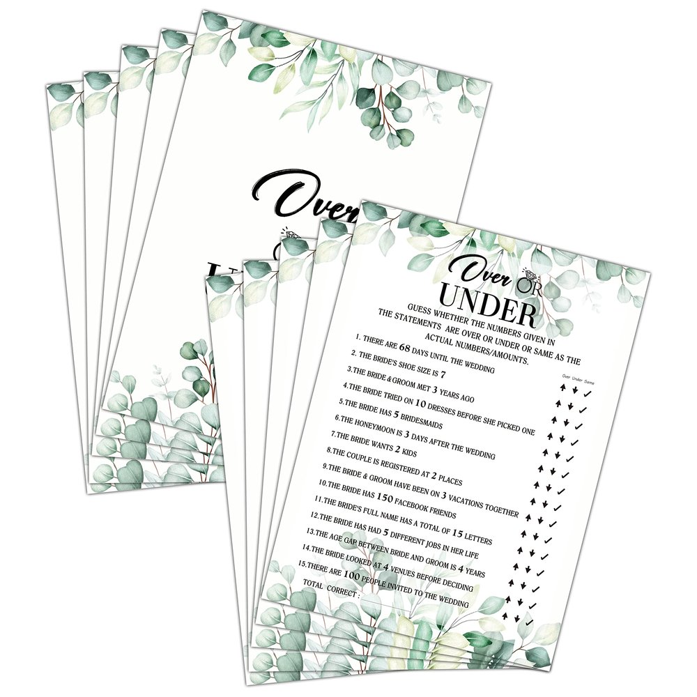 Bridal Shower Game Set - Over Or Under Party Cards for Wedding - Greenery Wedding Party Favor Decor - Tropical Jungle Engagement/Bachelorette Party Games Supplies & Activities - 30 Game Cards(B04)