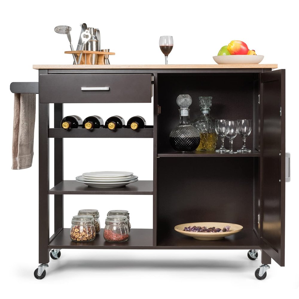 COSTWAY Kitchen Storage Island Cart on Wheels, Kitchen Trolley Cart with Wine Rack, Shelves and Towel Rack, 360Wheels & Detachable Tray, Kitchen Island for Dining Room, Living Room & Bedroom (Brown)