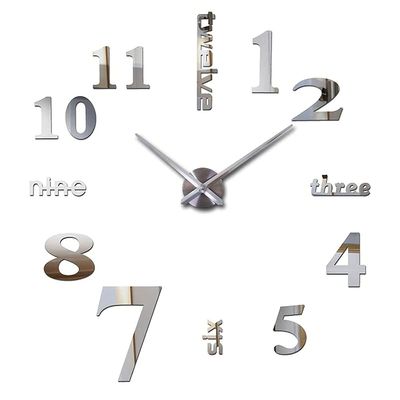 3D DIY Large Wall Clocks for Living Room Decor, Wall Clock Stickers Frameless Mirror Surface Wall Sticker Home Decor Silent Modern Wall Clocks for Bedroom Kitchen Office School Wall Decoration(Silver)