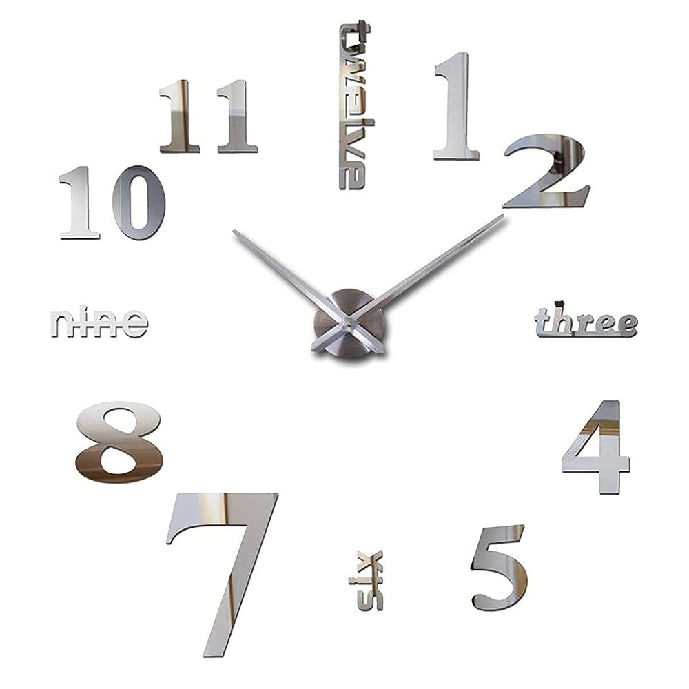 3D DIY Large Wall Clocks for Living Room Decor, Wall Clock Stickers Frameless Mirror Surface Wall Sticker Home Decor Silent Modern Wall Clocks for Bedroom Kitchen Office School Wall Decoration(Silver)