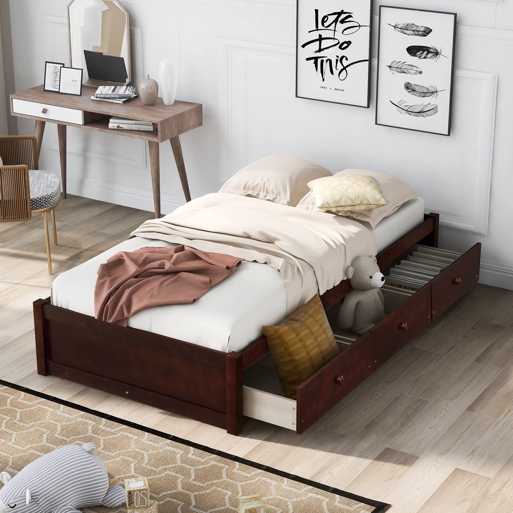 Anwick Storage Bed with 3 Drawers,Solid Wood Twin Bed Platform Frame,Bedroom Living Room Furniture,Wood Slat Support/No Box Spring Needed(Cherry)