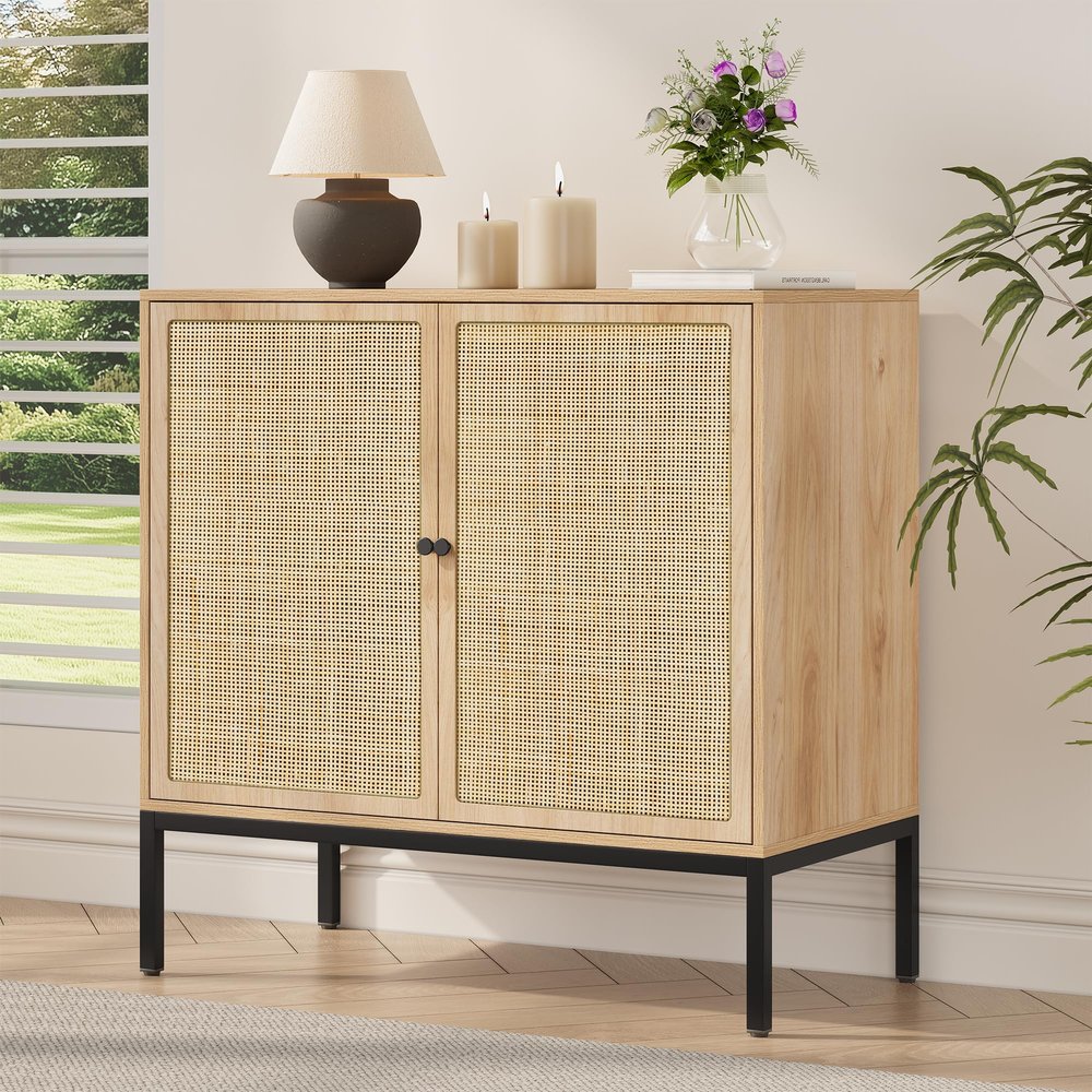 Yechen 31.5" Sideboard Cabinet with Natural Rattan Decorated Doors, Rattan Cabinet, Accent Buffet Console Storage Cane Credenza Cupboard, for Living Room Dining Room Entryway Kitchen, Metal Legs